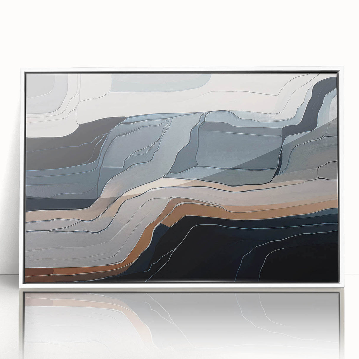 Framed wall art featuring an abstract design of colorful strokes and lines, presented in a sleek white frame, ideal for modern home decor.