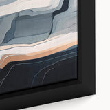 Framed wall art featuring an abstract design of colorful strokes and lines, showcasing vibrant hues of blue, orange, and yellow on a canvas surface, ideal for modern decor.