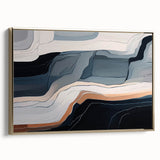 Framed abstract wall art featuring elegant strokes and lines in gold and white against a soft gray background, showcasing modern design aesthetics. Ideal for contemporary home decor.