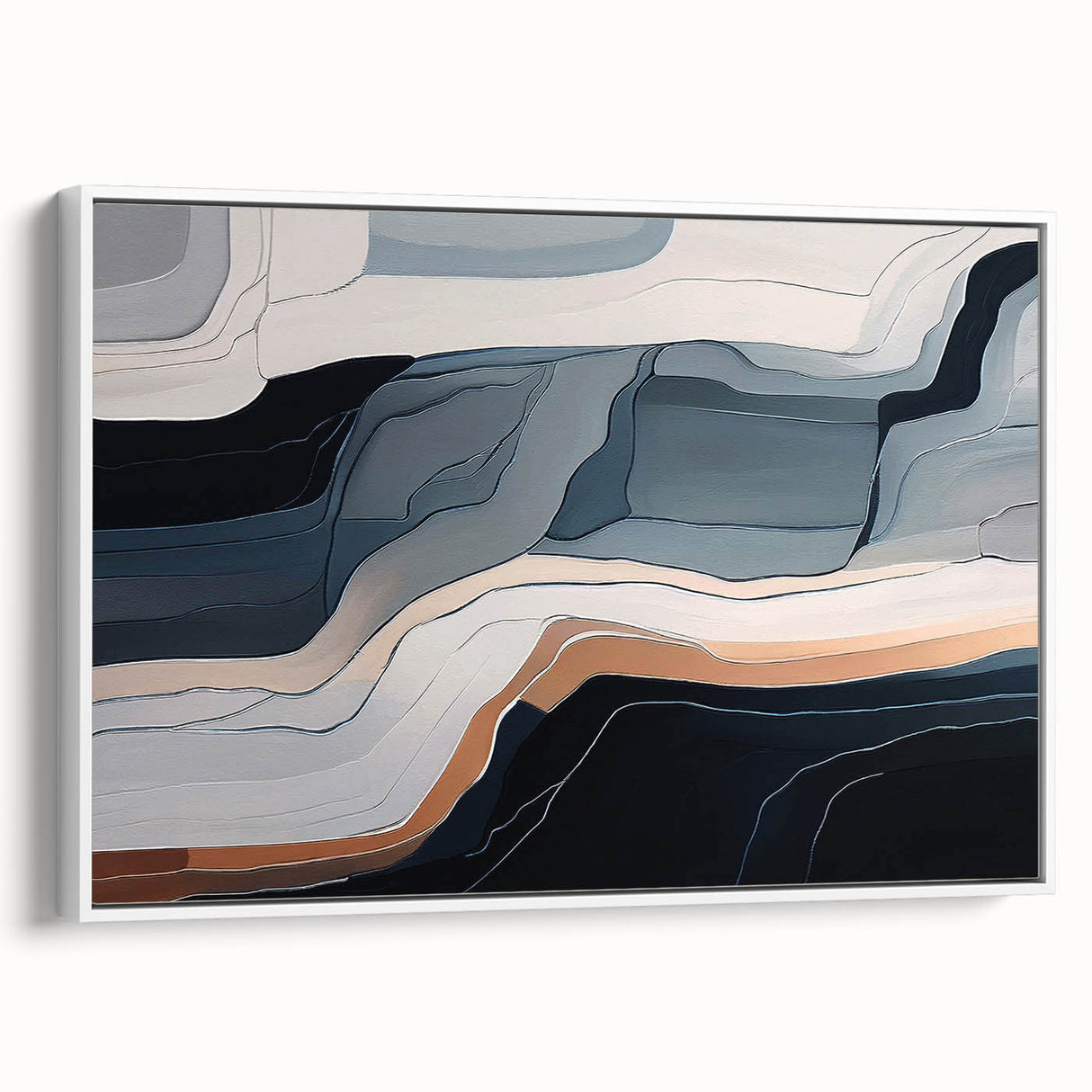 Framed canvas wall art showcasing an abstract design with colorful strokes and lines, set against a white background, ideal for modern home decor.