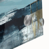 Abstract wall art featuring colorful strokes and lines in a modern design, printed on acrylic glass, showcasing vibrant hues of blue, yellow, and red.