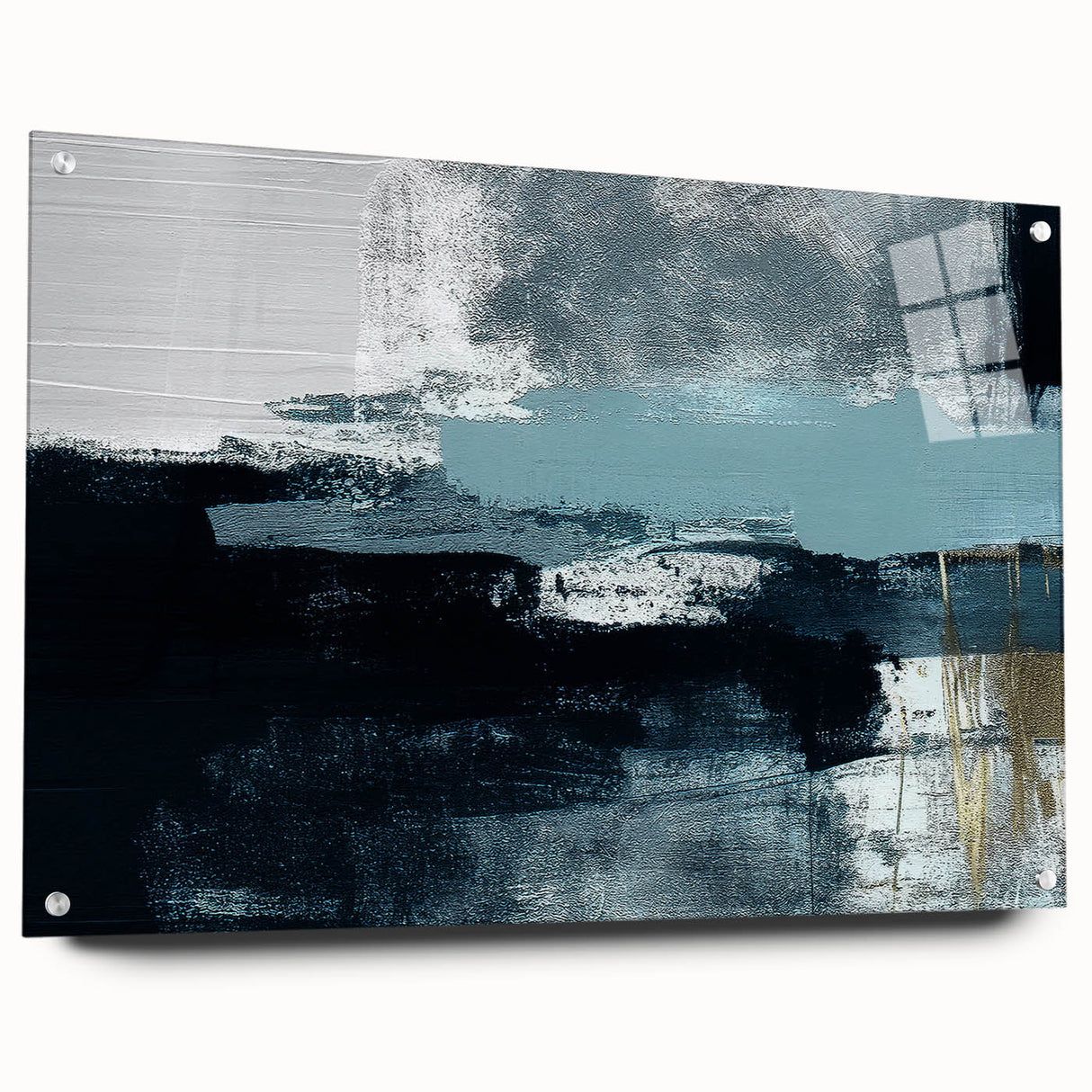 Abstract wall art featuring vibrant strokes and lines in a modern design, displayed in a sleek acrylic frame with visible hanging pins, ideal for contemporary decor.