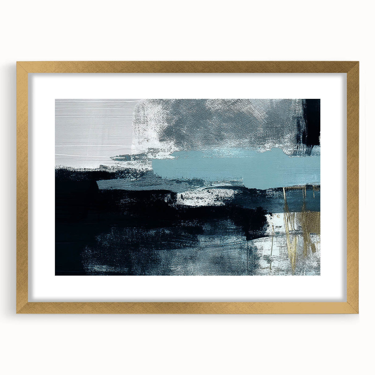 Abstract wall art featuring a dynamic design of colorful strokes and lines, framed in gold with a mat, perfect for modern decor. Ideal for enhancing living spaces.
