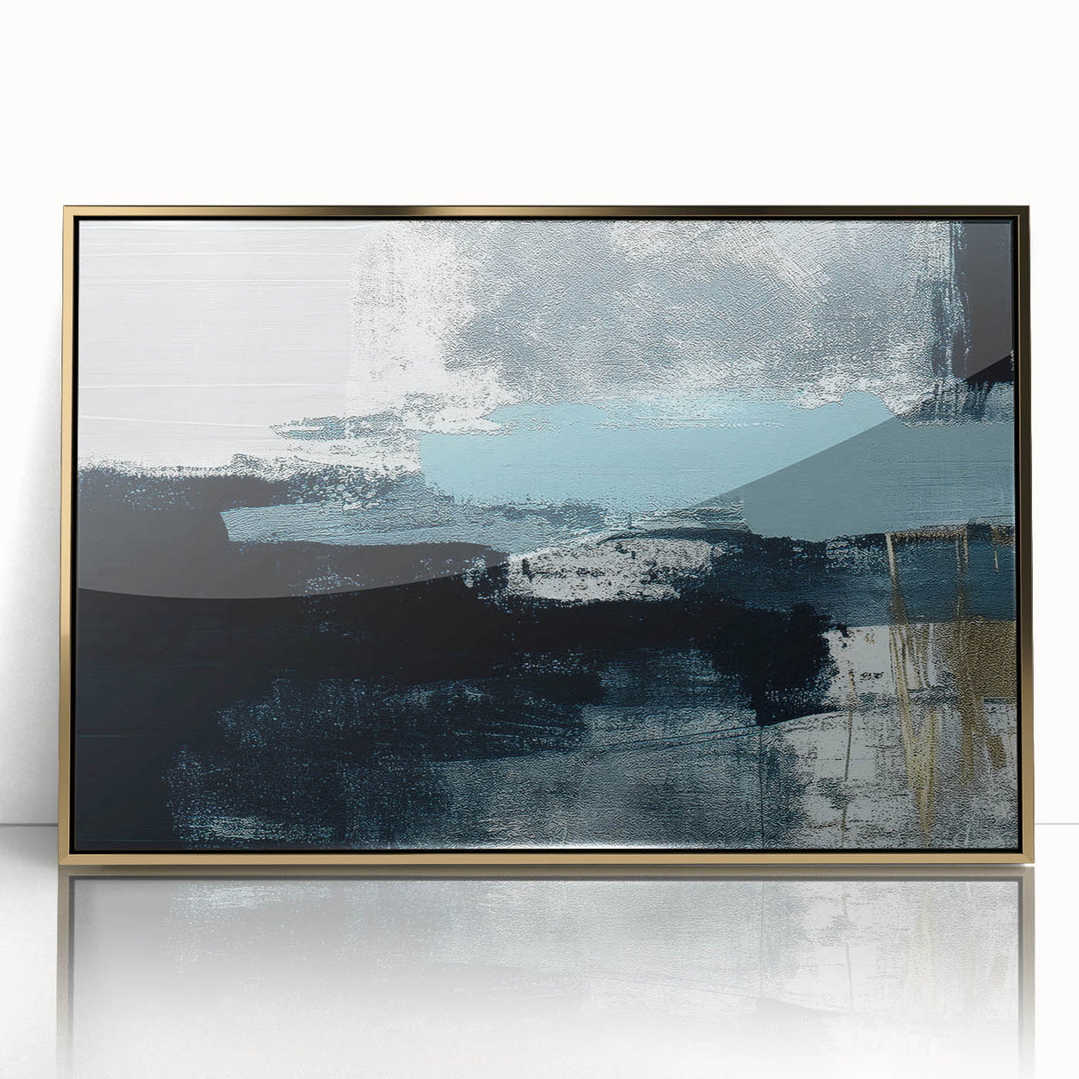 Framed wall art showcasing an abstract design with gold strokes and lines on a sleek acrylic surface, perfect for modern home decor. This elegant piece adds a touch of sophistication and style to any interior setting.