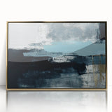 Framed wall art showcasing an abstract design with gold strokes and lines on a sleek acrylic surface, perfect for modern home decor. This elegant piece adds a touch of sophistication and style to any interior setting.