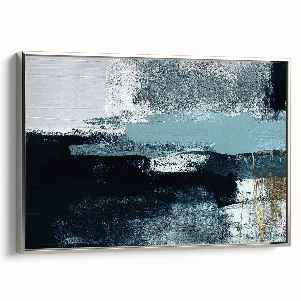 Framed canvas wall art showcasing an abstract design with colorful strokes and lines, presented with a sleek silver frame, perfect for modern decor.