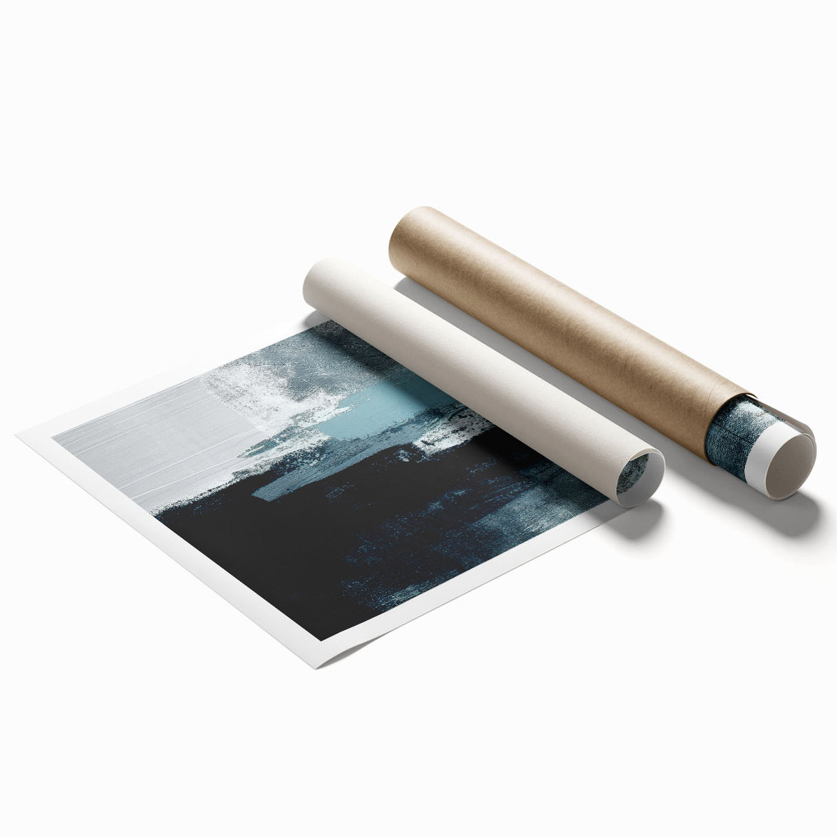 Abstract strokes and lines in vibrant colors create a modern wall art design, ideal for home decor, displayed as a rolled print in a protective tube.