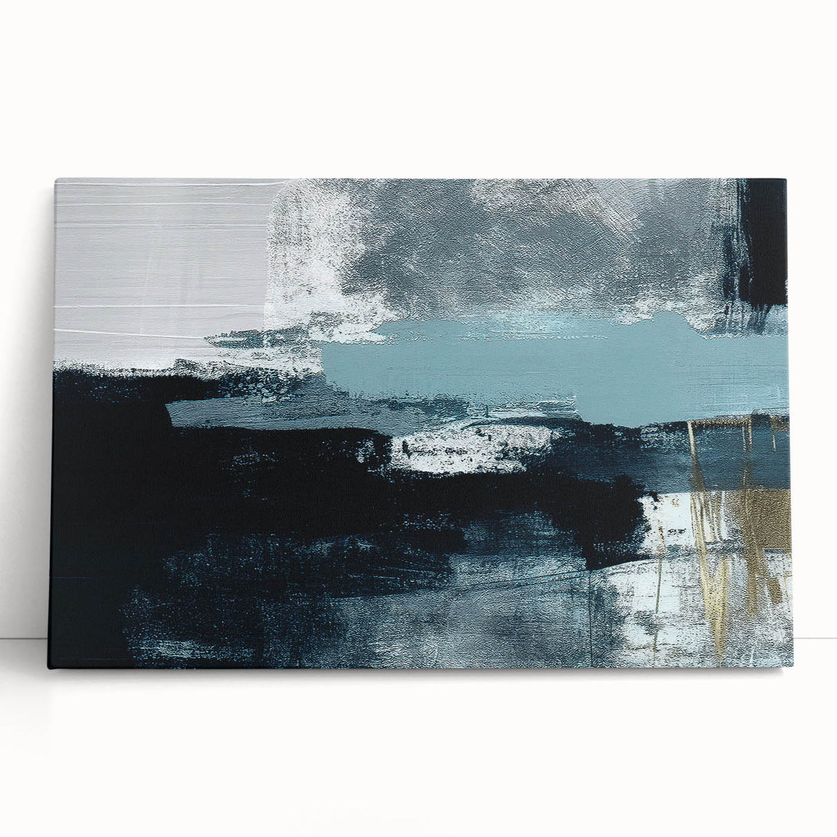 Abstract wall art featuring vibrant strokes and lines in shades of blue, orange, and gold, designed as a stretched canvas piece leaning against a neutral wall, perfect for modern home decor.