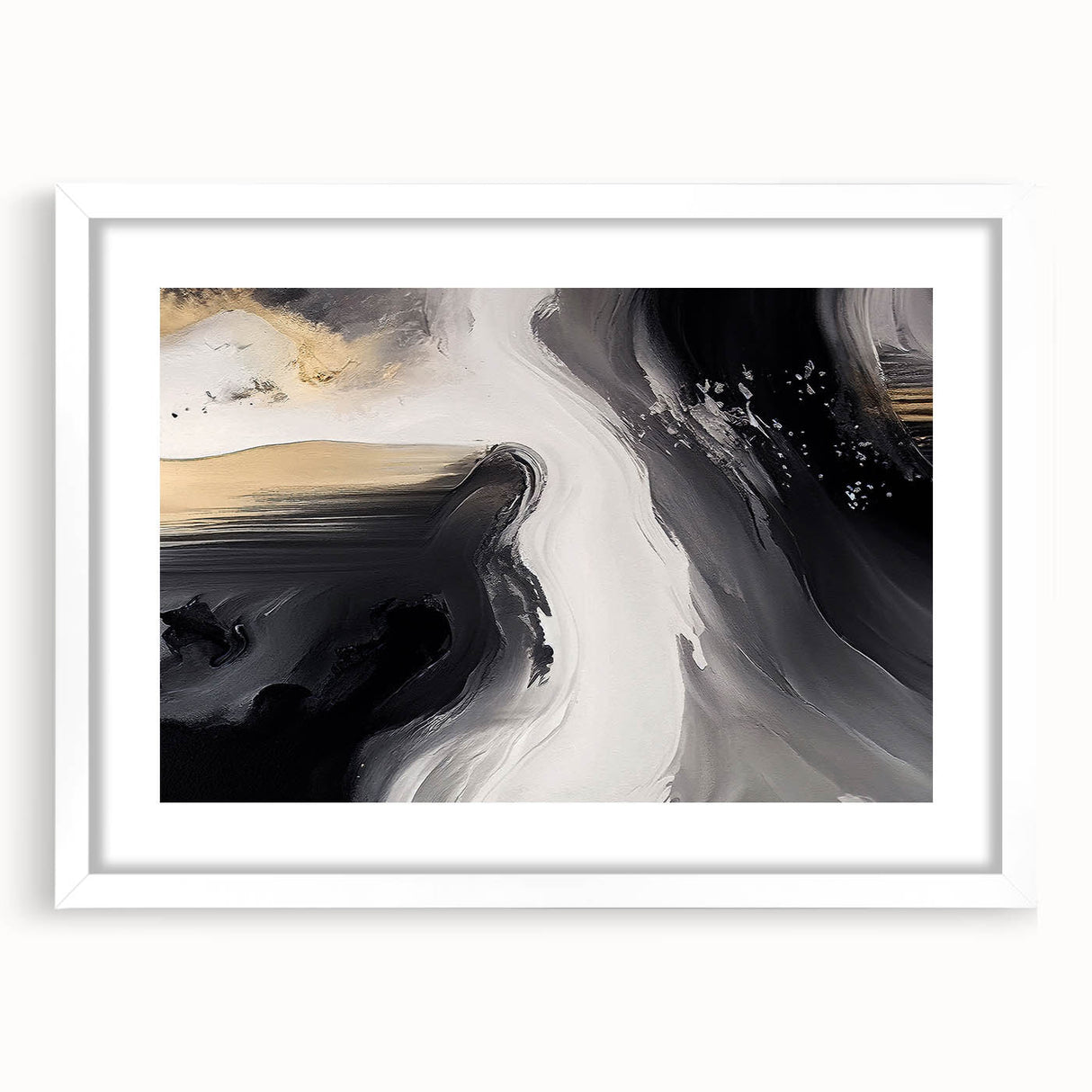 Abstract wall art featuring a modern design of colorful strokes and lines in a white frame with a mat, ideal for contemporary home decor. Perfect for adding artistic flair to living spaces.