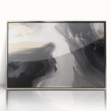 Framed wall art featuring an abstract design of strokes and lines in silver and gray tones, perfect for modern decor, showcasing a sleek, contemporary aesthetic.