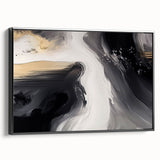 Framed canvas wall art showcasing an abstract design with bold strokes and lines in black and white, ideal for modern home décor, viewed from the side.
