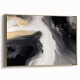 Framed canvas wall art featuring an abstract design with gold strokes and lines, showcasing elegant modern decor ideal for contemporary interiors. The piece adds a touch of sophistication and warmth to any room setting.