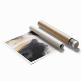 Abstract wall art print showcasing vibrant strokes and lines in varying shades of blue, orange, and yellow, ideal for modern home decor and artistic spaces.