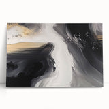 Abstract wall art featuring vibrant strokes and lines in shades of blue, orange, and gold, displayed on a stretched canvas leaning against a wall, perfect for modern home decor.