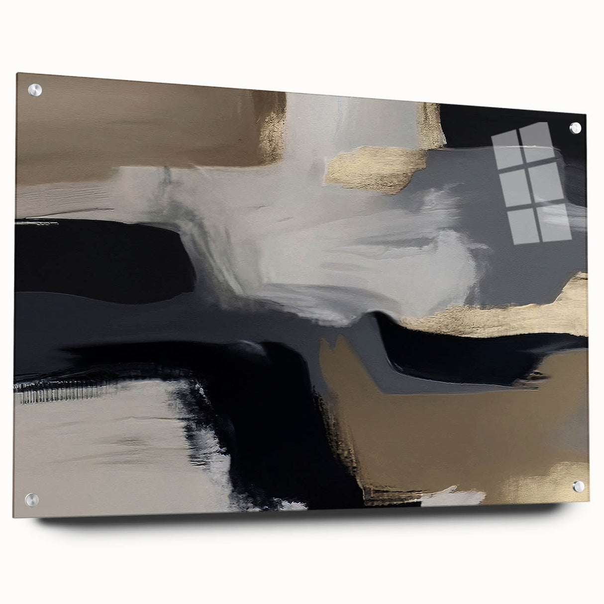 Abstract strokes and lines design on acrylic glass wall art, showcasing vibrant colors and intricate patterns, elegantly displayed with pins for mounting. Ideal for modern decor.