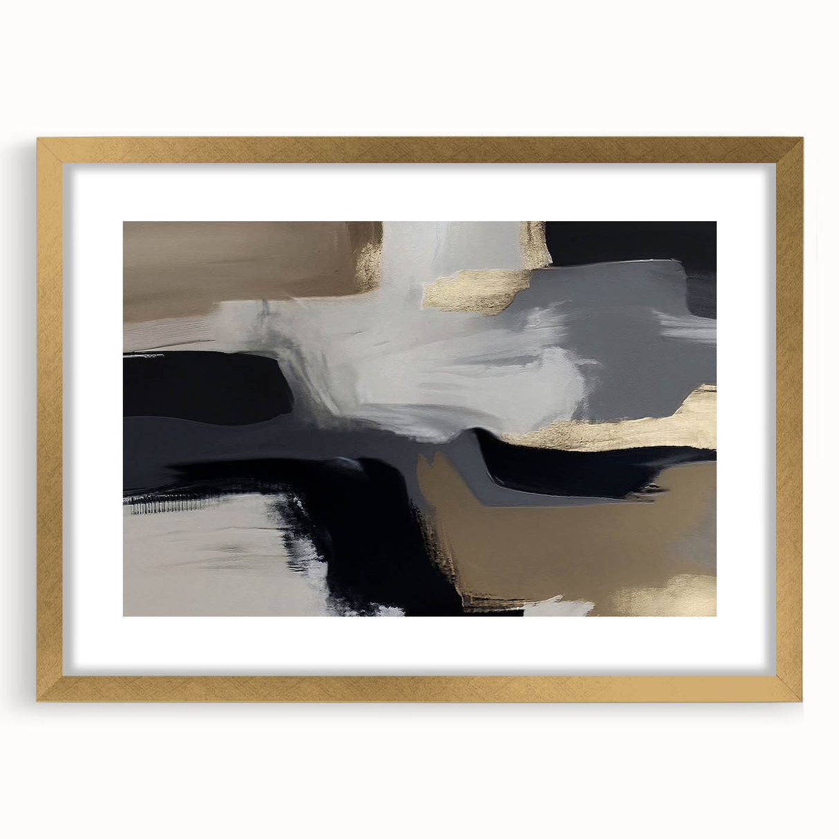 Abstract wall art featuring strokes and lines in a modern design, framed with a gold mat, adding elegance to contemporary decor. Perfect for living spaces.