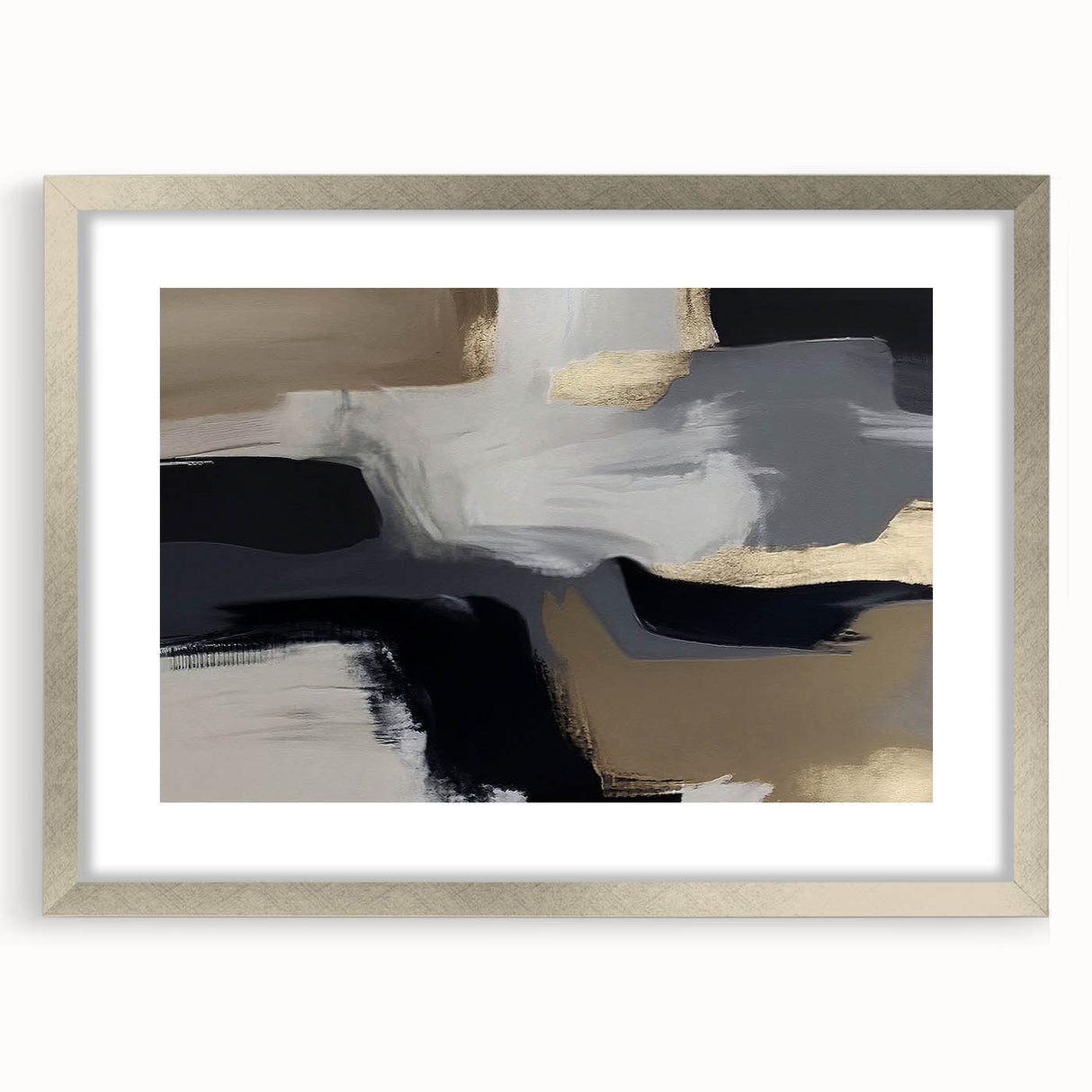 Abstract wall art design featuring vibrant strokes and lines in shades of blue, gold, and silver, framed elegantly with a matte finish, perfect for modern decor.