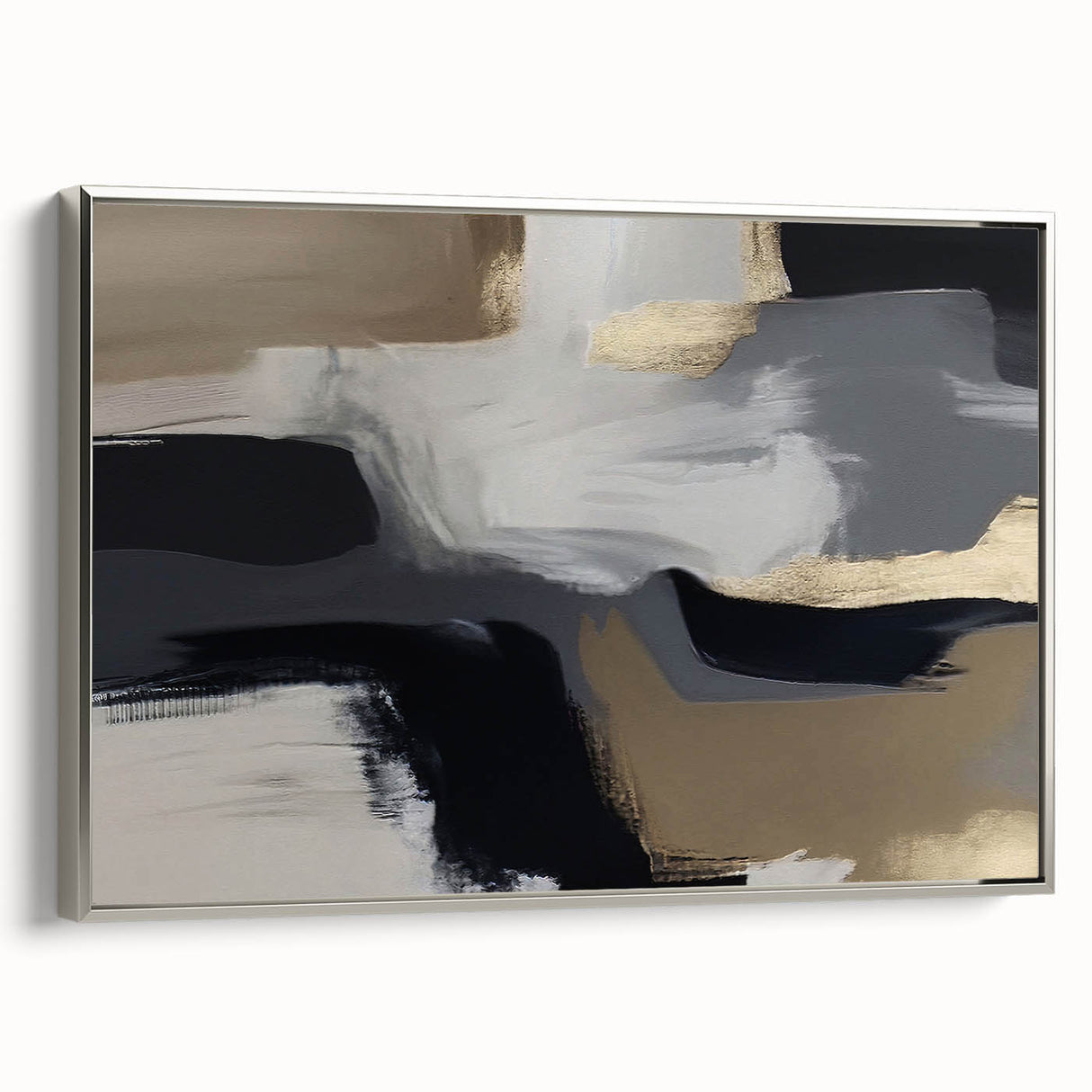 Framed canvas wall art featuring an abstract design with strokes and lines in silver tones, ideal for modern home decor. Adds elegance to any interior space.