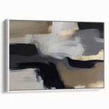 Framed abstract wall art featuring dynamic strokes and lines in neutral colors, set against a white background, perfect for modern home decor.