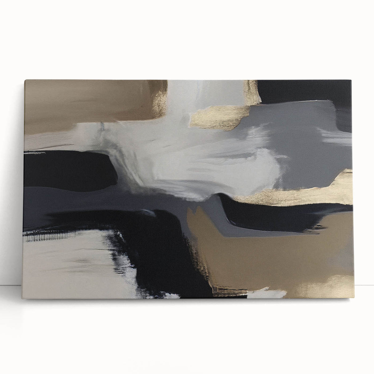 Abstract wall art design featuring colorful strokes and lines on stretched canvas, creating a modern aesthetic perfect for home decor. The piece leans against a neutral wall, showcasing its vibrant hues and contemporary style.