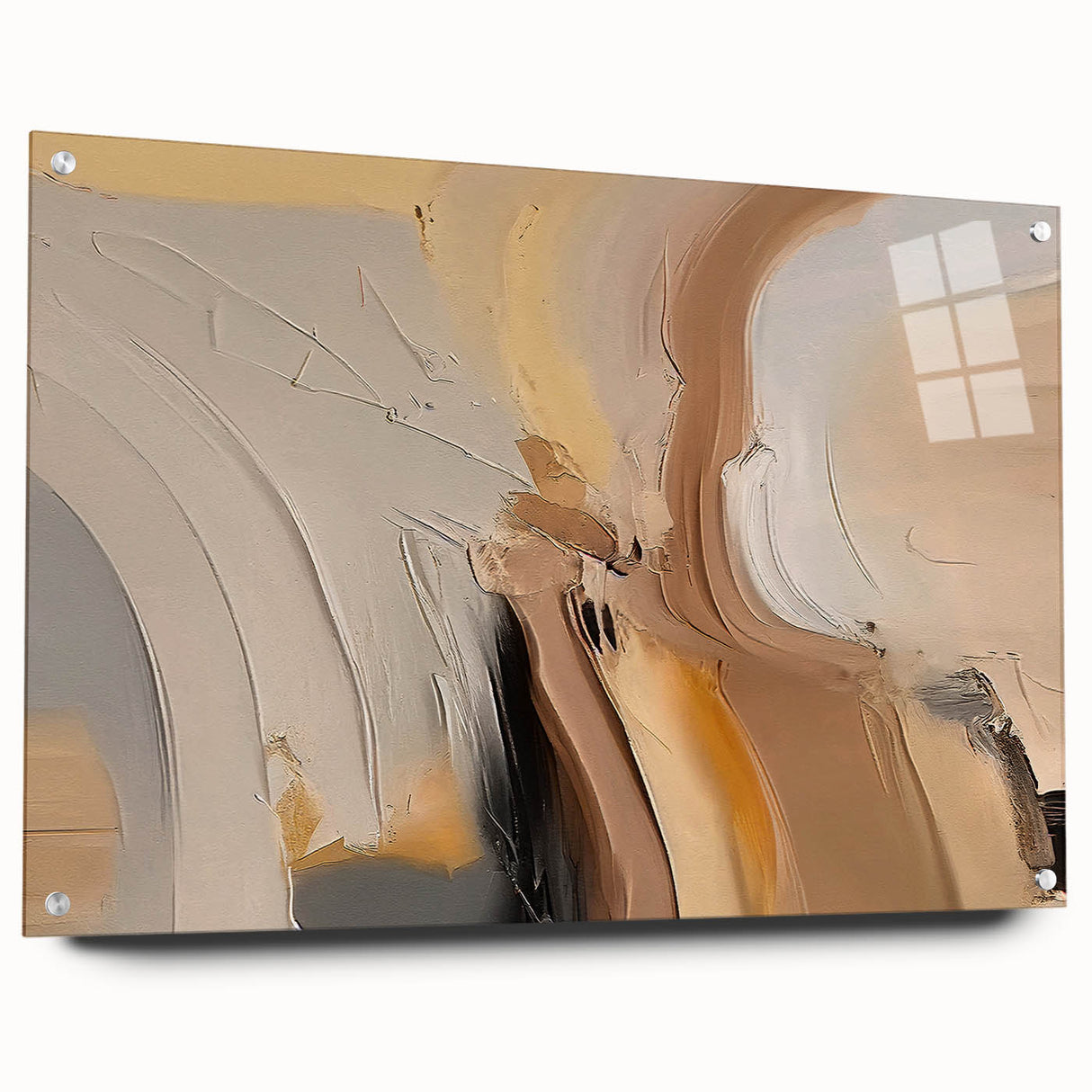 Abstract wall art featuring vibrant strokes and lines in various colors, presented in a sleek acrylic glass frame, showcasing a modern design ideal for contemporary decor.