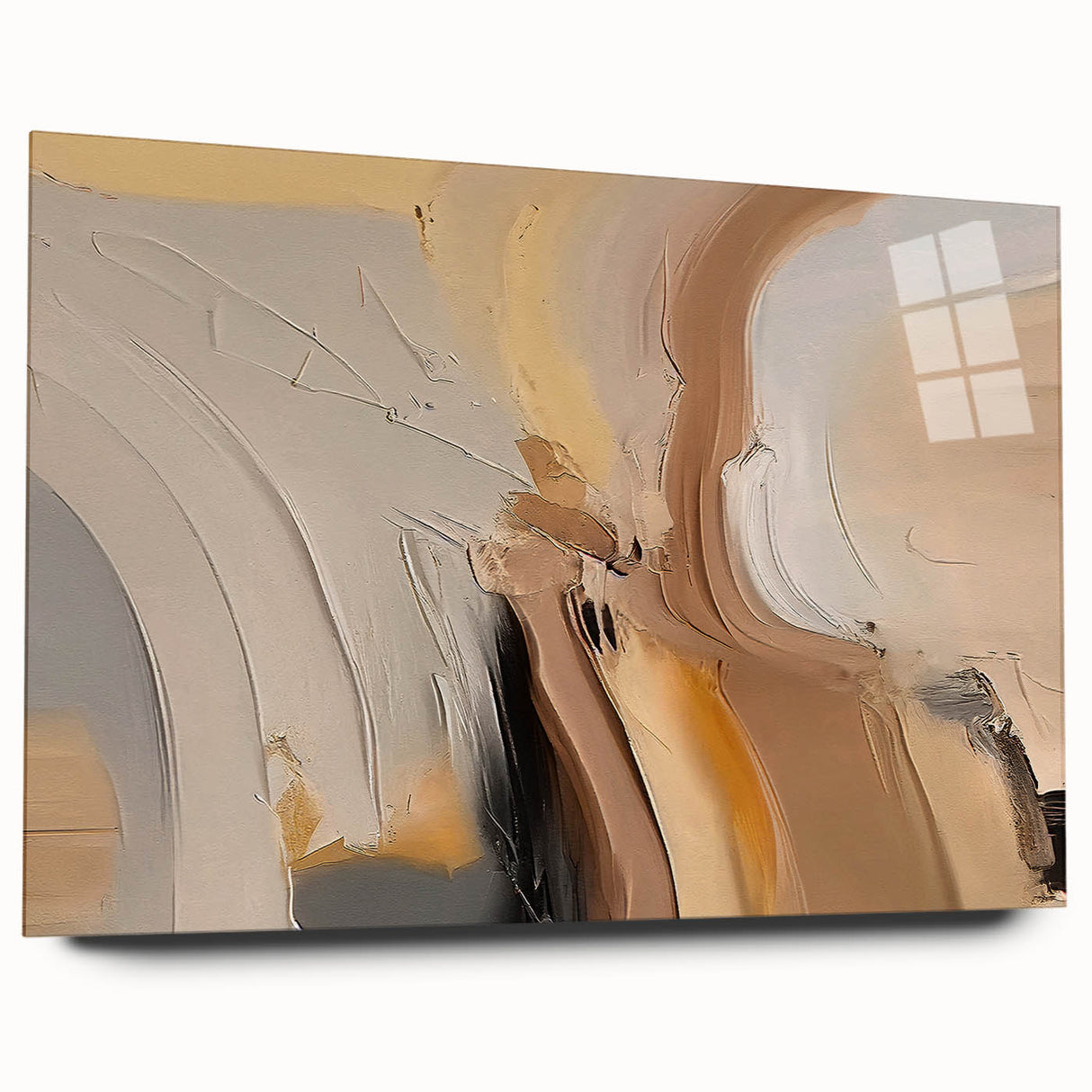 Abstract wall art design featuring vibrant strokes and lines in shades of blue, pink, and gold, presented in an elegant acrylic glass frame, showcasing a modern aesthetic for contemporary decor.