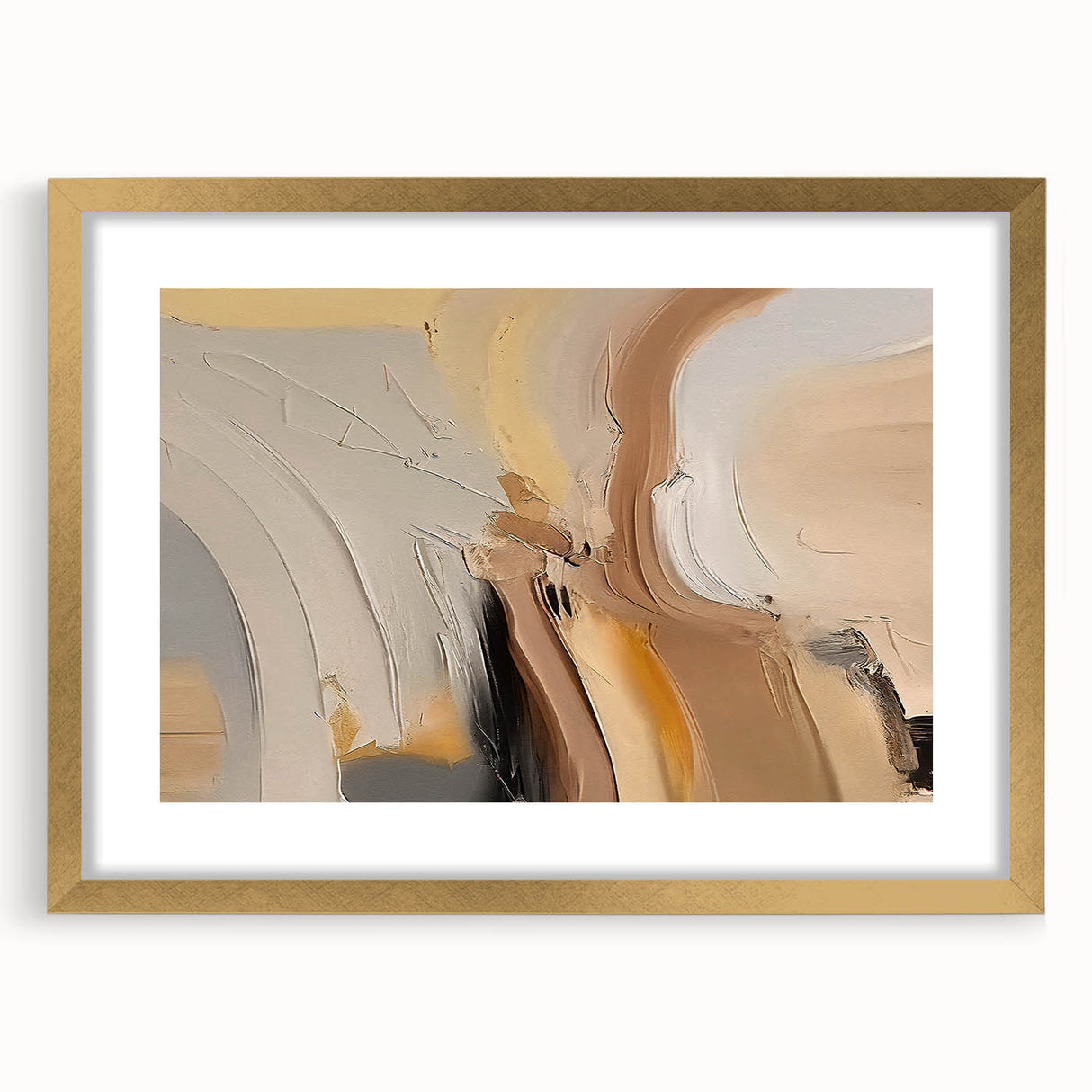 Abstract strokes and lines design wall art framed in a gold mat, showcasing a modern aesthetic perfect for home decor, emphasizing elegance and creativity.