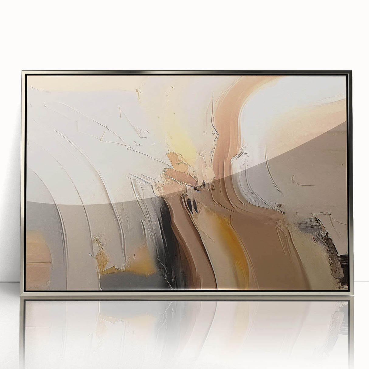 Framed wall art featuring an abstract design with colorful strokes and lines, set in a sleek silver frame, ideal for modern home decor.