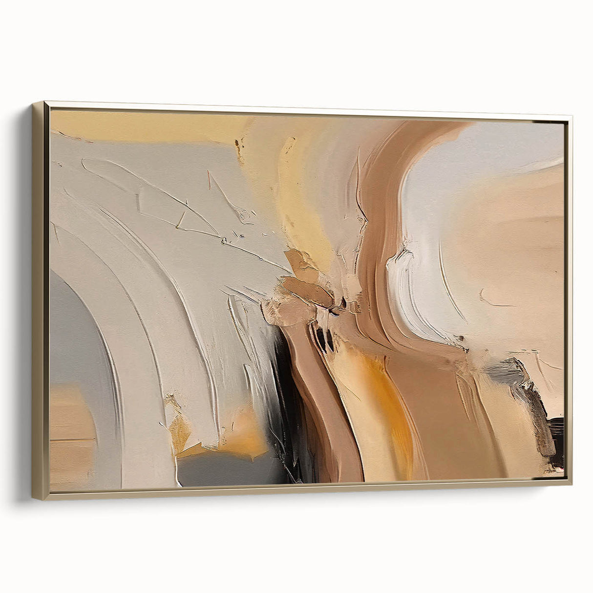 Framed canvas wall art showcasing an abstract design of gold strokes and lines, adding a modern touch to any decor. Ideal for stylish home interiors.