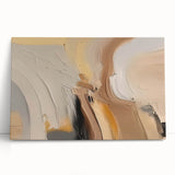 Abstract wall art featuring bold strokes and lines in a vibrant color palette, displayed on a stretched canvas that leans against a neutral backdrop, enhancing modern decor.