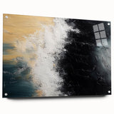 Abstract wall art design showcasing vibrant strokes and lines in a modern acrylic glass frame, elegantly displayed with decorative pins, perfect for contemporary decor.