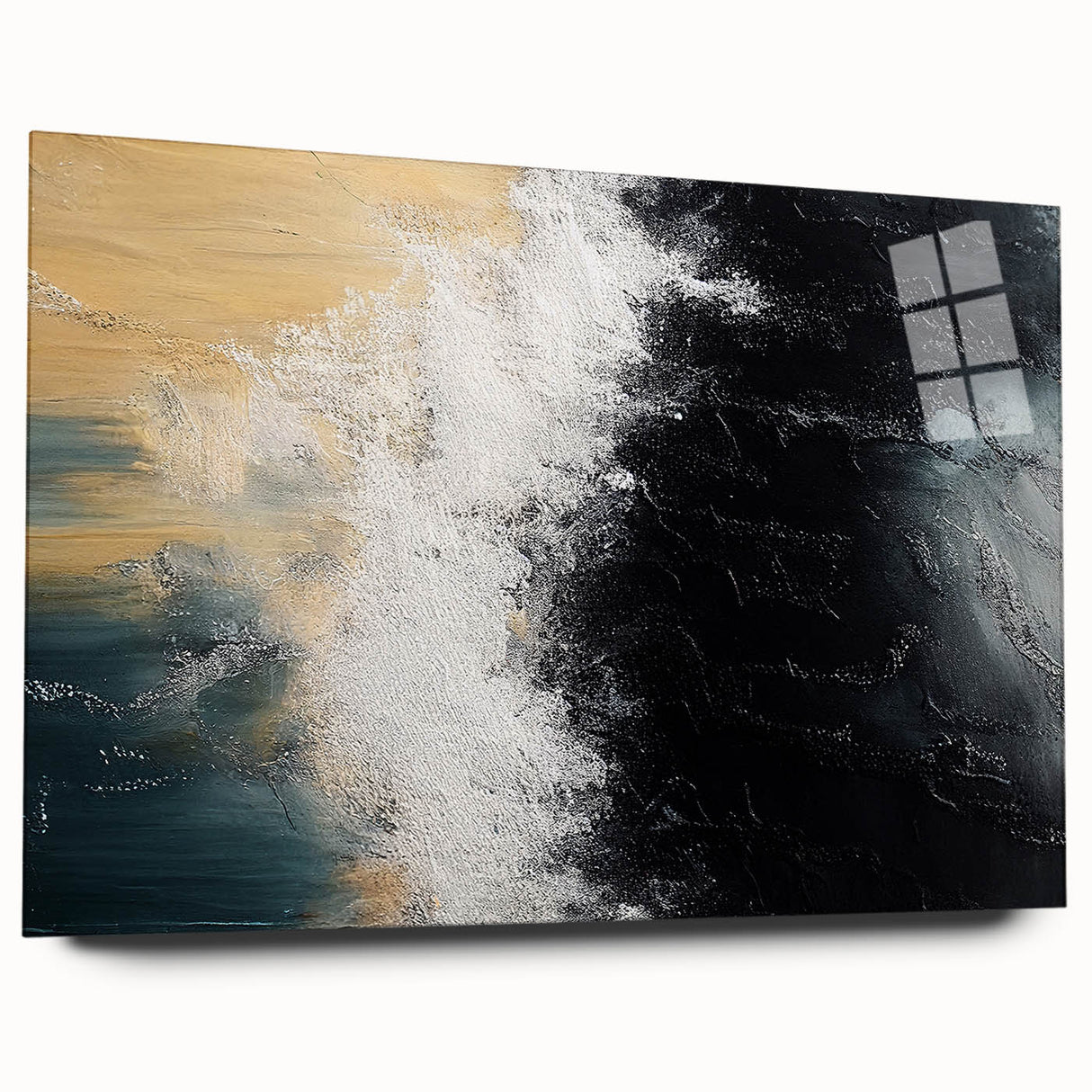 Abstract wall art design featuring dynamic strokes and lines in vibrant colors, displayed in a sleek acrylic glass frame, showcasing modern aesthetics for home decor.