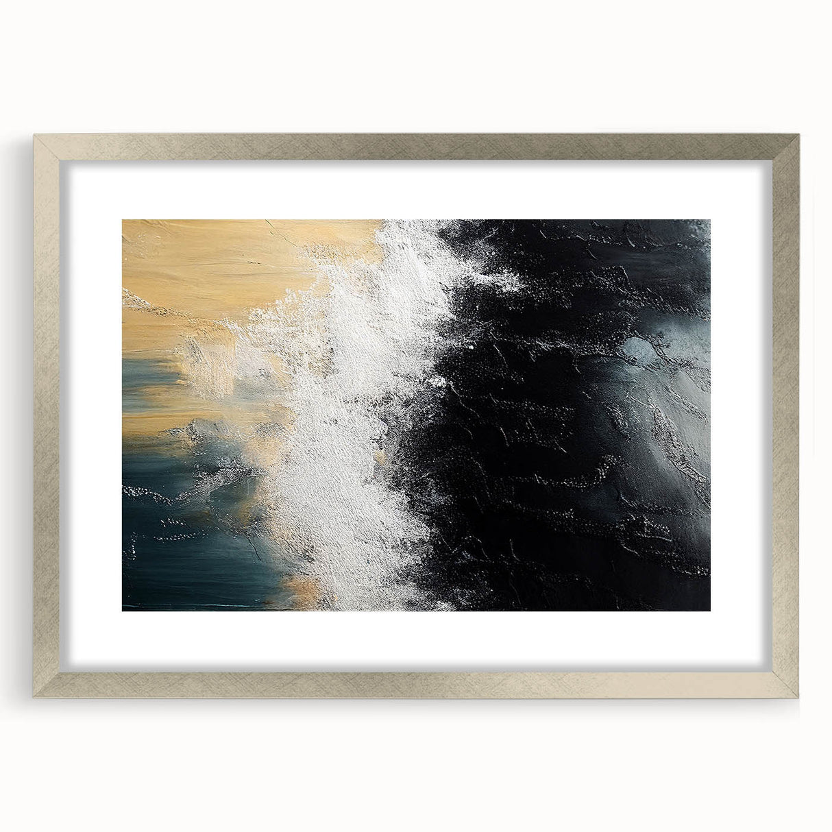 Abstract wall art featuring a modern design of colorful strokes and lines in a sleek silver frame with a mat. Ideal for contemporary home decor.