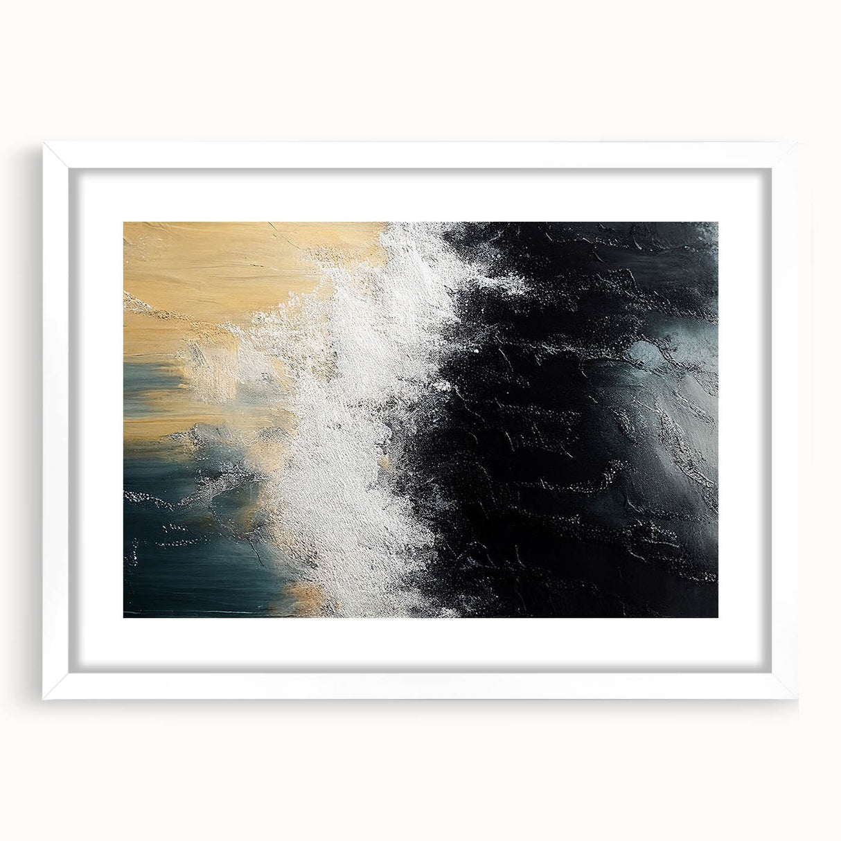 Abstract wall art featuring dynamic strokes and lines in soft colors, framed with a white mat, perfect for modern home decor and enhancing living spaces.