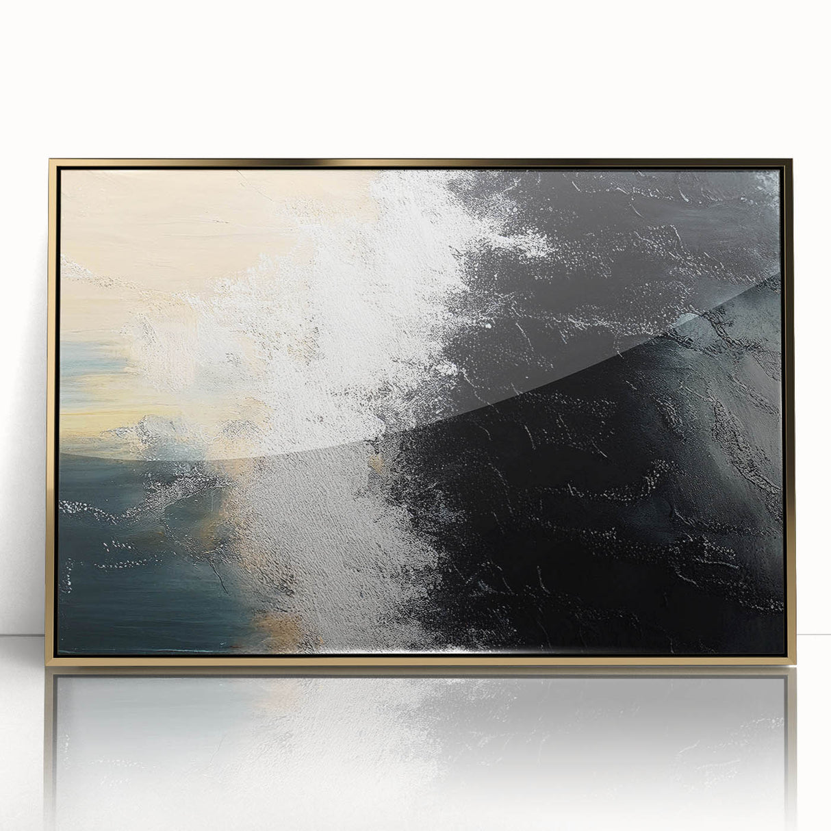 Framed wall art showcasing an abstract design of strokes and lines in gold and neutral tones, ideal for modern home decor. Perfect for enhancing living spaces with a touch of elegance and sophistication.
