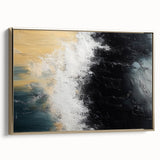 Framed canvas wall art featuring an abstract design of gold strokes and lines, set against a neutral background, perfect for modern home decor.