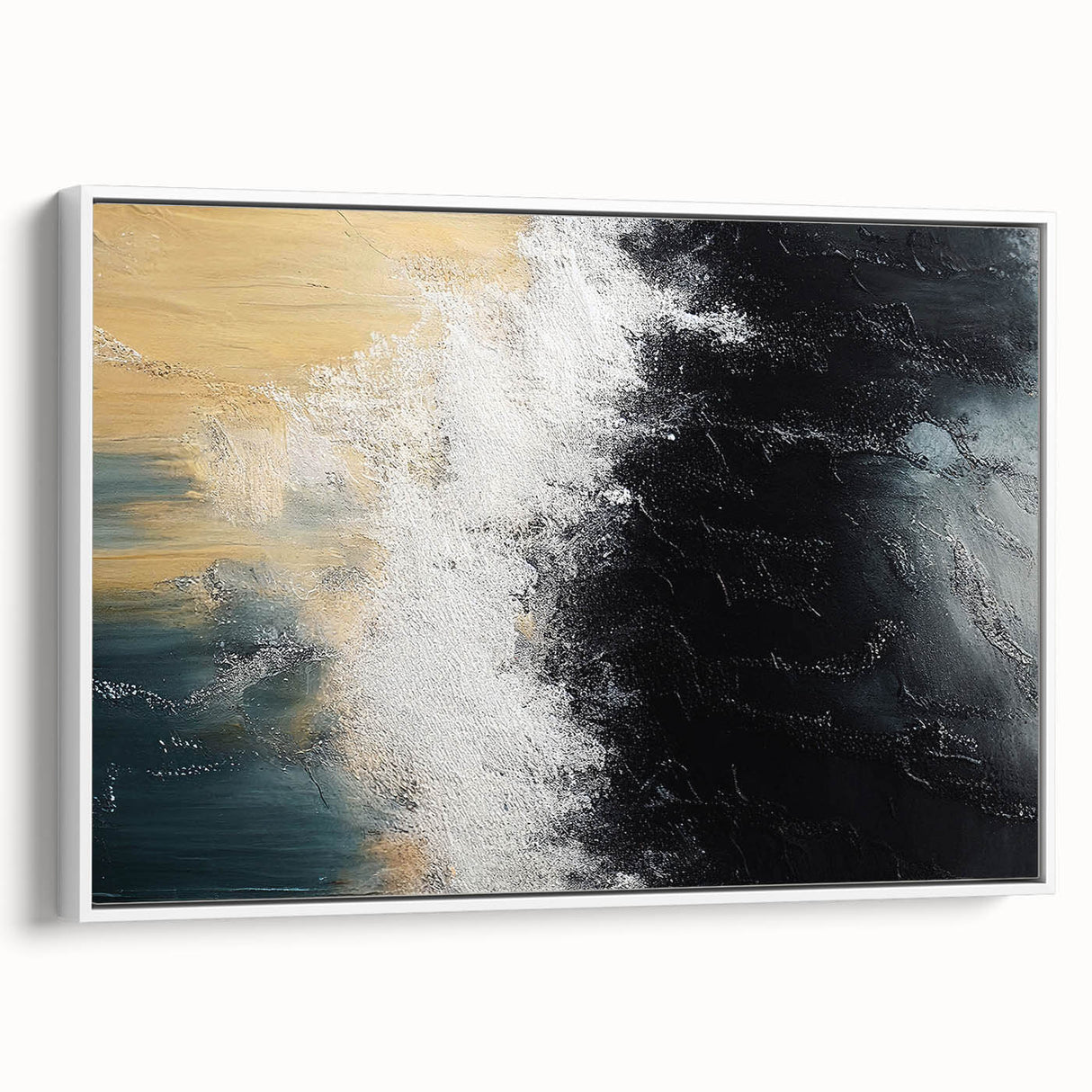 Framed wall art showcasing an abstract design with dynamic strokes and lines in a minimalist color palette, displayed from a side view, perfect for modern decor.