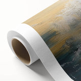 Abstract wall art featuring vibrant strokes and lines in shades of blue, orange, and yellow on rolled canvas, perfect for modern home decor.