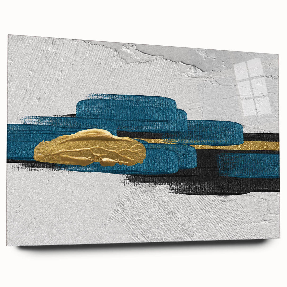 Abstract wall art featuring vibrant strokes and lines in a modern design, displayed in a sleek acrylic frame with a side view showcasing its elegant finish.