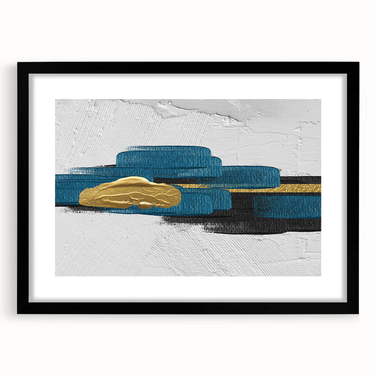 Abstract wall art featuring colorful strokes and lines in a framed design with a black mat, ideal for modern home decor, showcasing vibrant artistry and elegance.