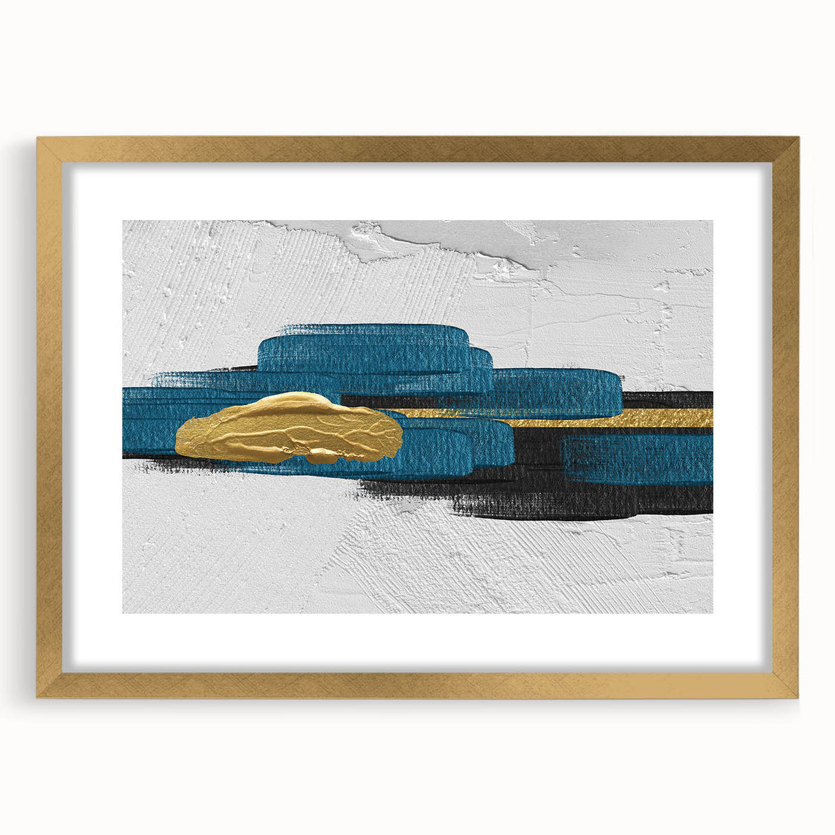 Abstract wall art featuring a design of colorful strokes and lines in a gold frame with a mat, ideal for modern home decor. Perfect for adding a touch of elegance to any room.