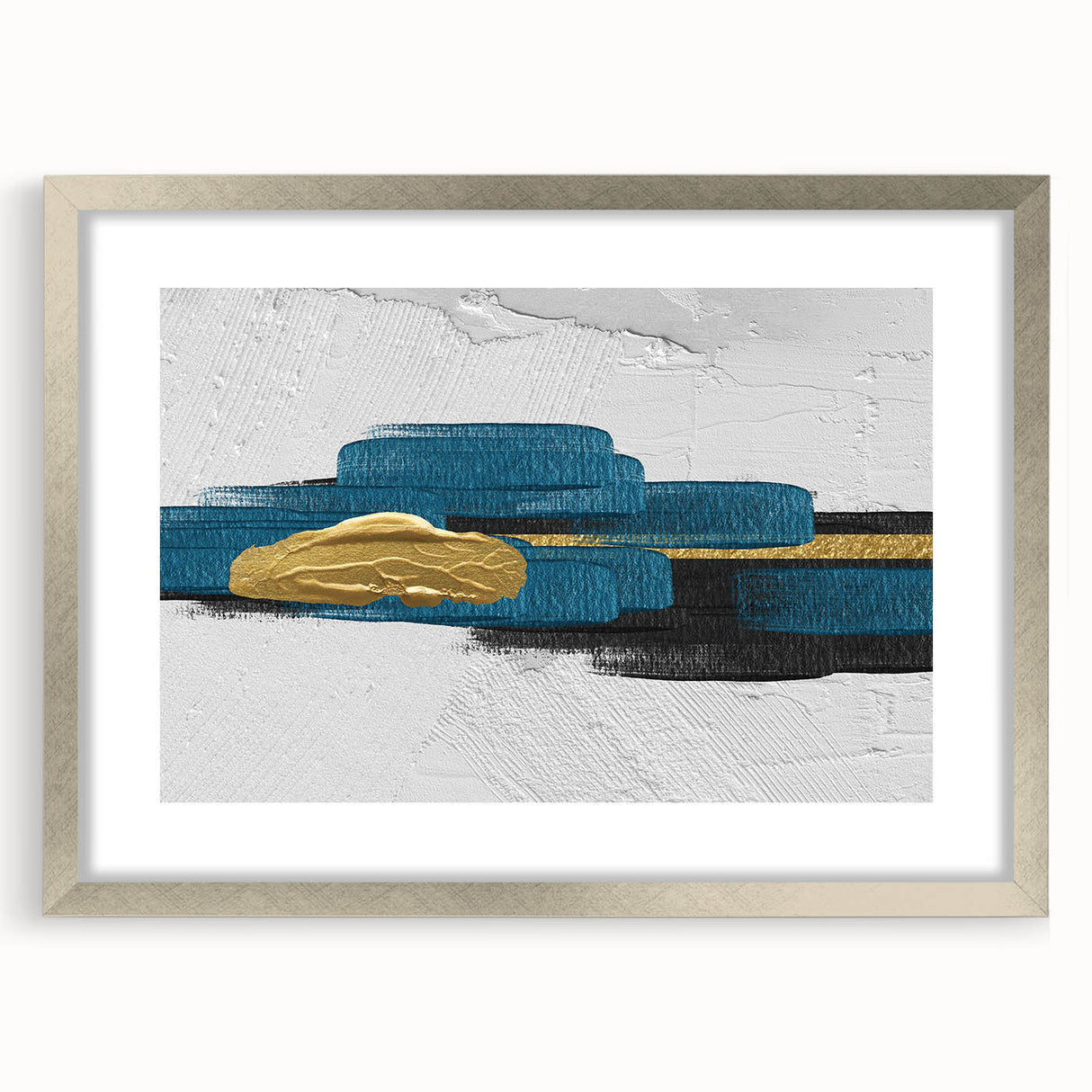 Abstract wall art featuring dynamic strokes and lines in a silver frame with a mat, designed to enhance modern interior decor, capturing a contemporary aesthetic.