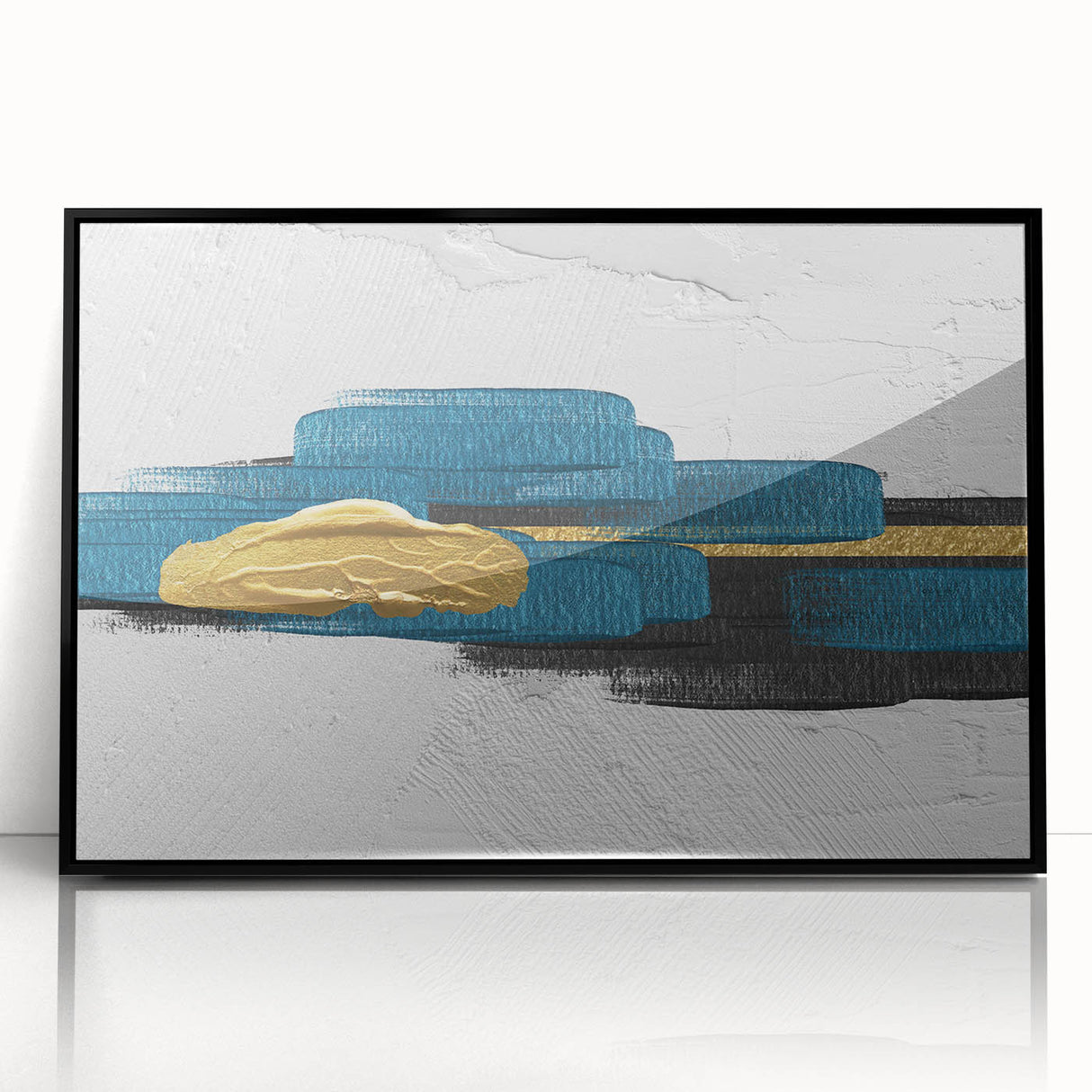 Framed wall art featuring an abstract design of colorful strokes and lines, set in a sleek black frame, perfect for modern home decor or office spaces.