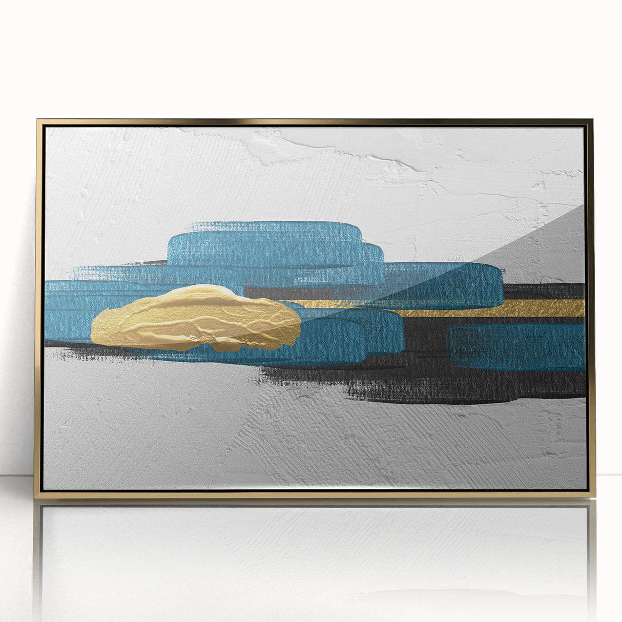 Framed wall art featuring an abstract design of gold strokes and lines on a white background, enhancing modern decor with elegance and sophistication.