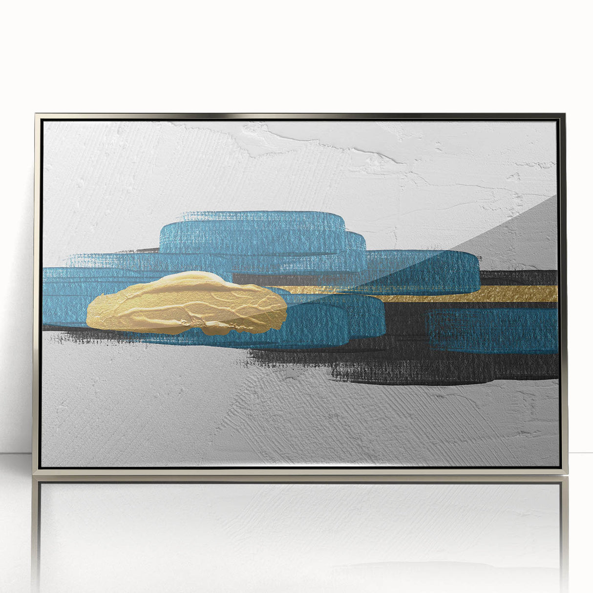 Framed wall art featuring an abstract design of colorful strokes and lines in a modern style, set in a silver frame, perfect for contemporary home decor.