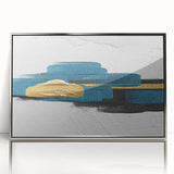 Framed wall art featuring an abstract design of colorful strokes and lines in a modern style, set in a silver frame, perfect for contemporary home decor.