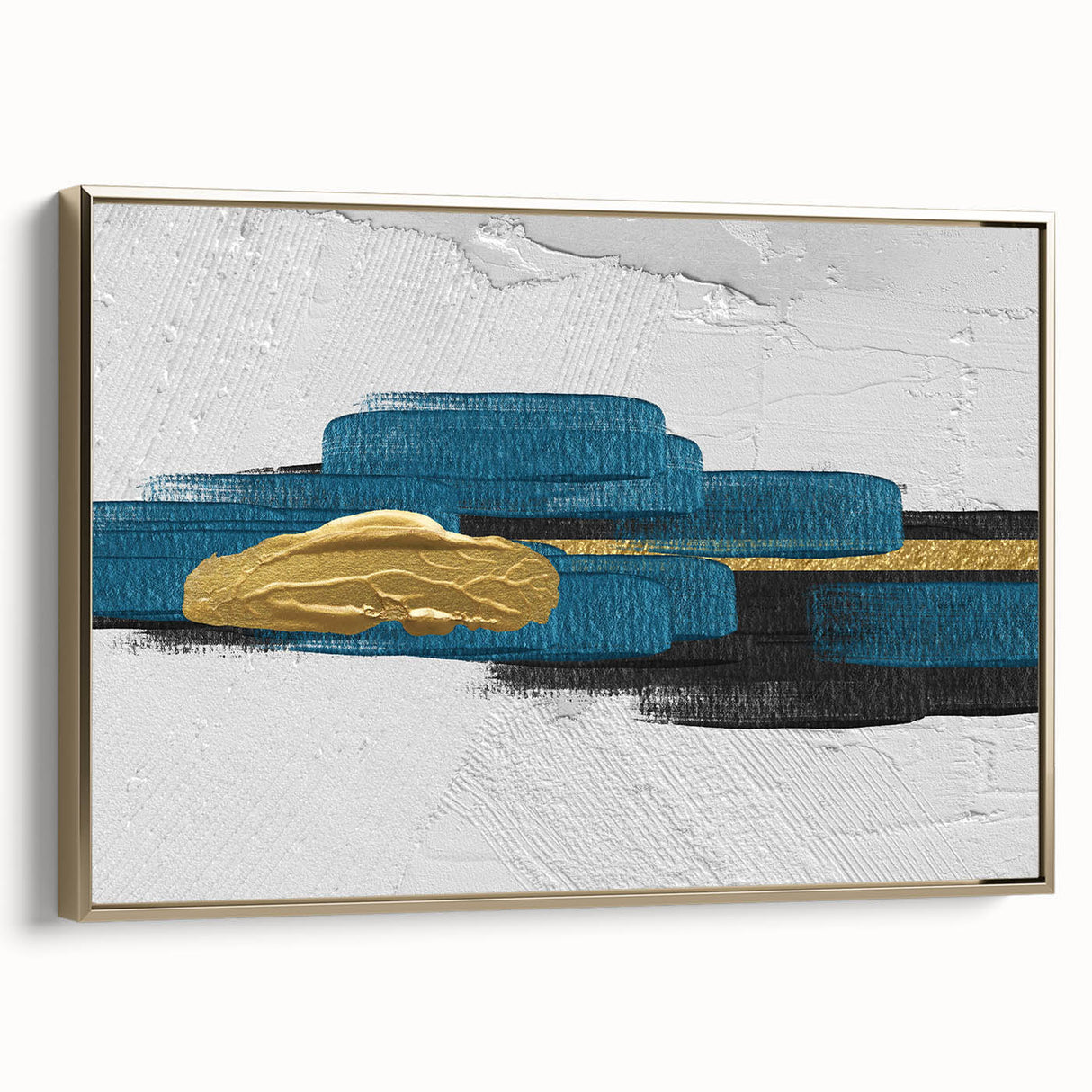 Framed canvas artwork showcasing an elegant abstract design with gold strokes and lines, perfect for modern home decor. The piece adds a touch of sophistication to any wall.