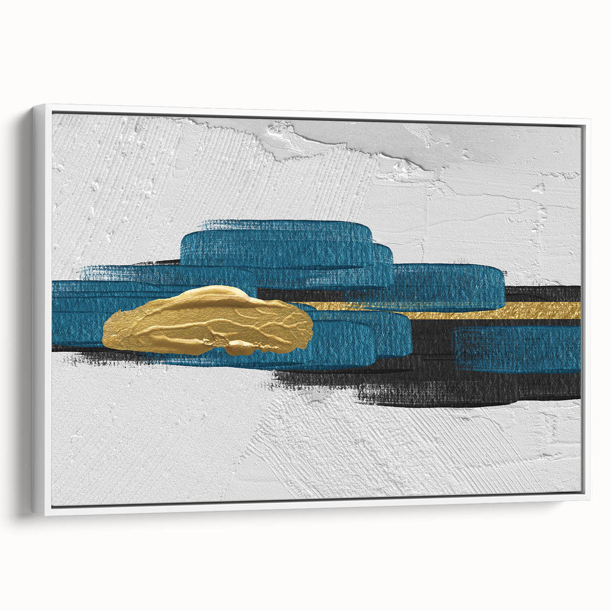Framed canvas wall art showcasing an abstract design of colorful strokes and lines, presented in a sleek white frame, perfect for modern home decor.