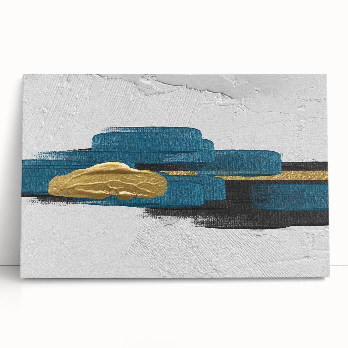 Abstract wall art design showcasing vibrant strokes and lines in shades of blue, orange, and gold, printed on stretched canvas, perfect for modern decor.