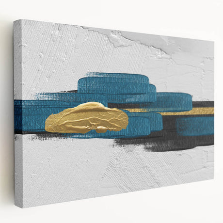 Abstract wall art featuring vibrant strokes and lines in shades of blue, orange, and yellow on stretched canvas, showcasing a modern design perfect for contemporary decor.